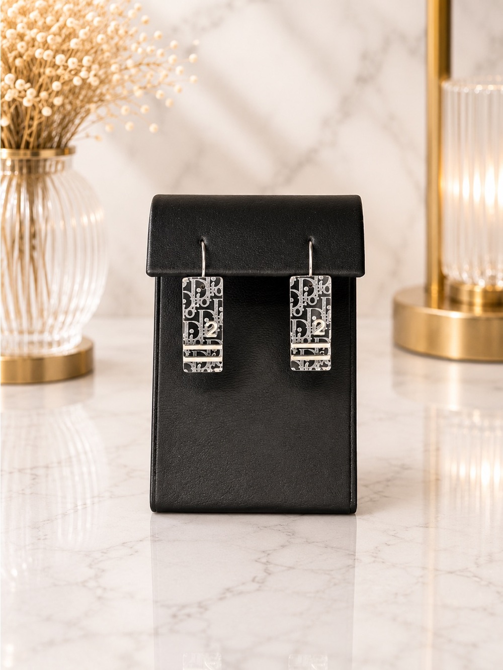 Christian Dior Vintage Black Trotter Logo Dangle Earrings Silver-Tone | Y2K